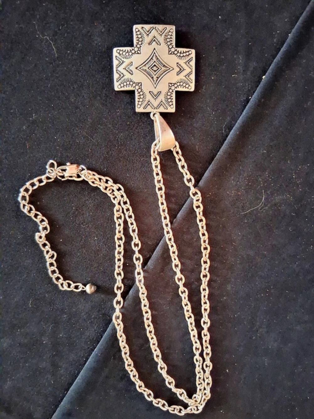 Southwestern Geometric Engraved Cross Pendant Necklace in Silver-Toned Metal